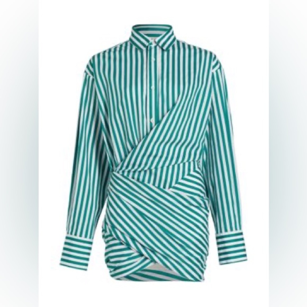 Monse Striped Wrapped Mini Shirtdress - Sea Green White - Picture 4 of 4